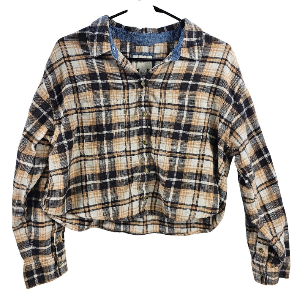 American Eagle Plaid Cropped Flannel Shirt Long Sleeve Button Up Womens Medium